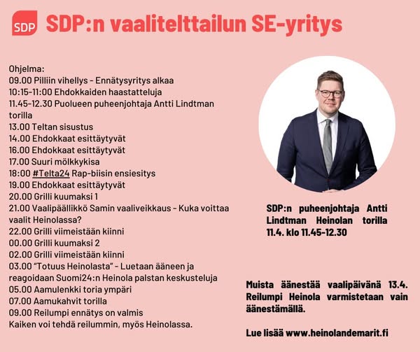 SDP:n puheenjohtaja Antti Lindtman Heinolan torilla klo 11:45